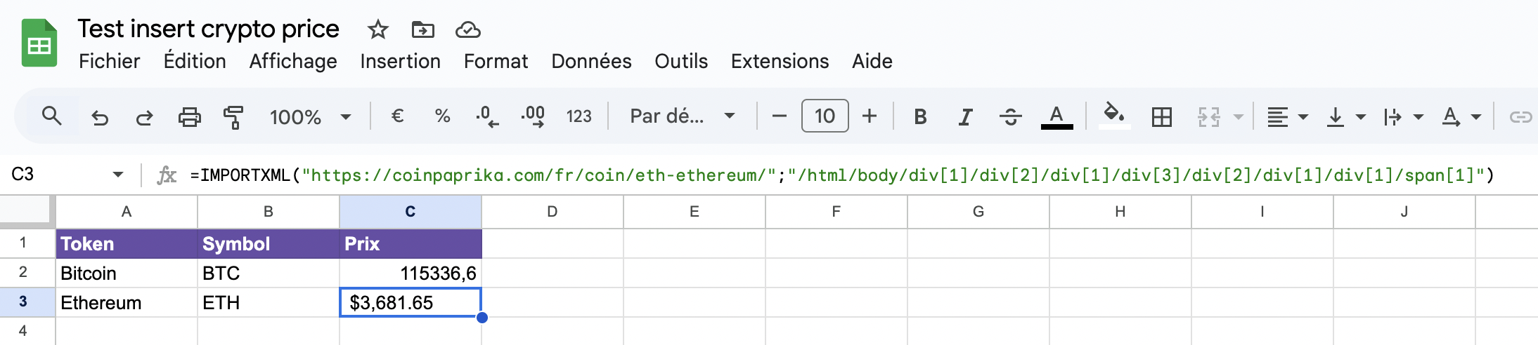 google sheet crypto price google finance