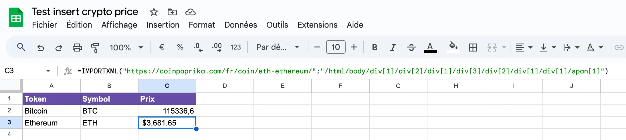 google sheet crypto price importxml