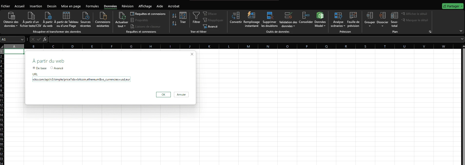 Exemple d’utilisation de SERVICEWEB pour afficher le prix du Bitcoin dans Excel